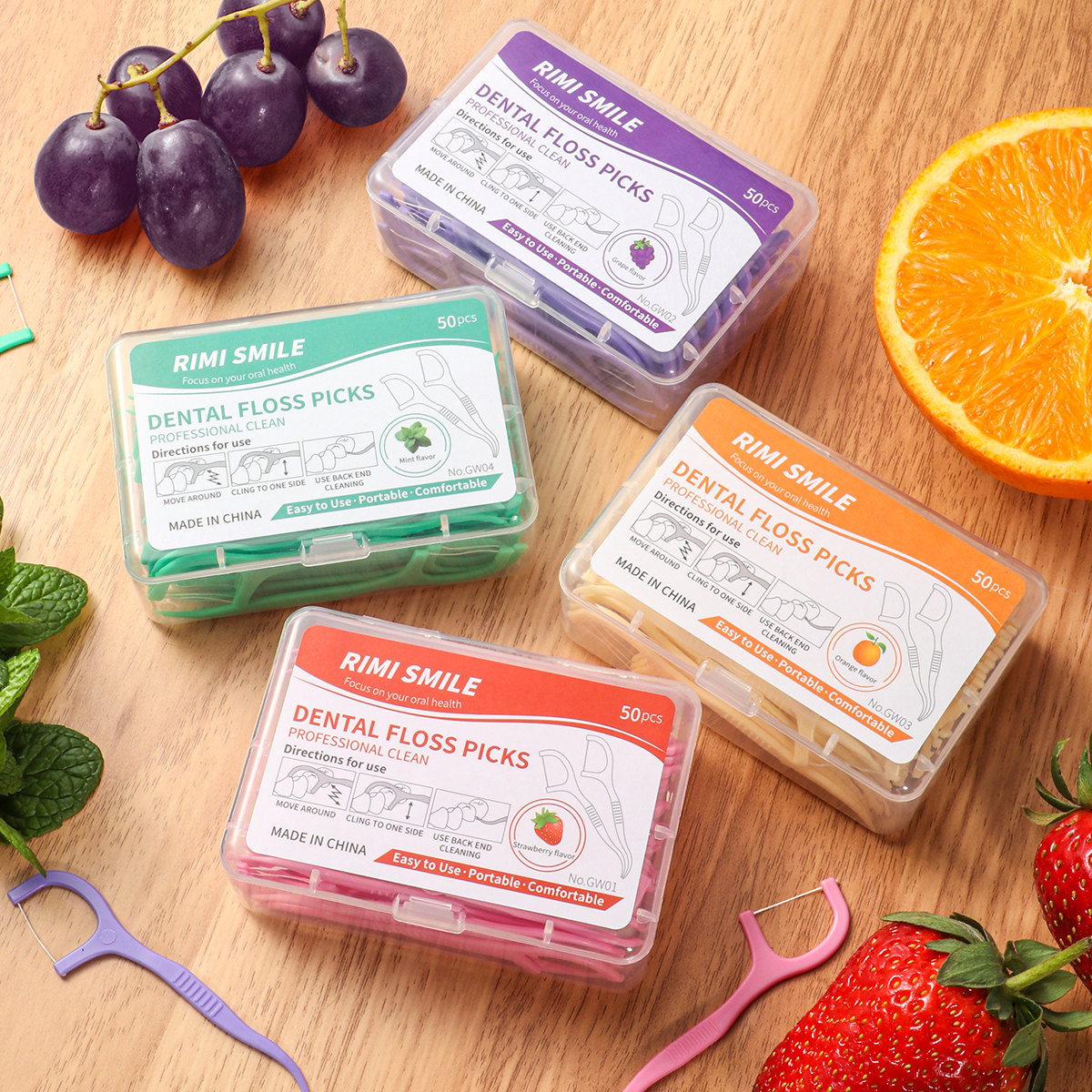 스틱/박스 50개, 과일향 치실 스틱, 선택할 수 있는 4가지 맛, 치아 사이 틈 청소 도구