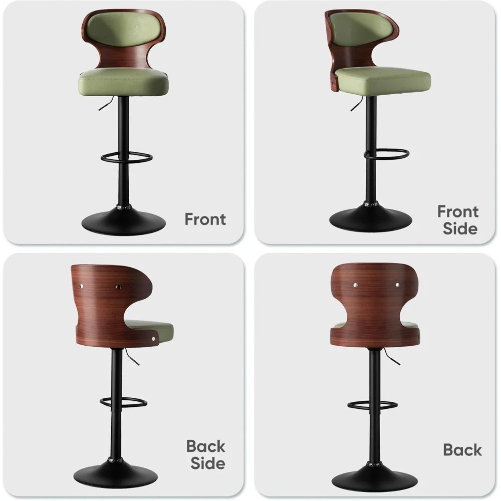 Bar Stools Set of 4 Seat Adjustable Height 24.5-33.5IN-Bentwood Swivel Barstools with Back&Footrest - PU Leather Upholstered