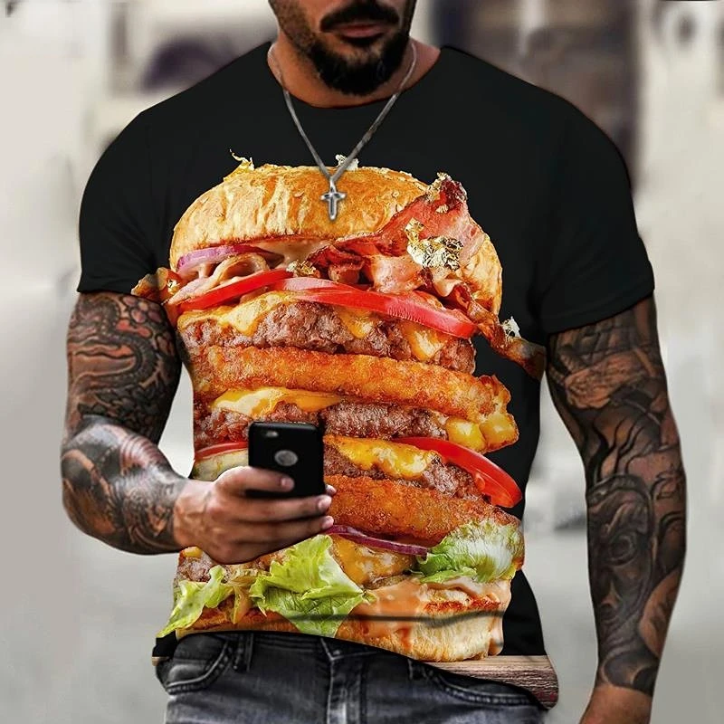 Kaus pria musim panas baru 2023 Hamburger bir ayam goreng 3D dicetak leher bulat kualitas tinggi pakaian mode Jalan