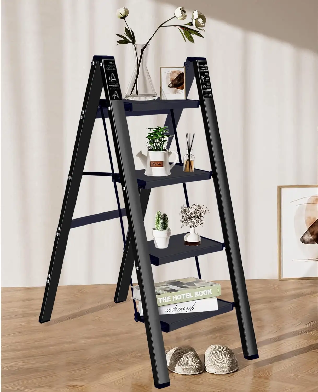 4 Step Ladder Steel Folding Step Stool with Wide Anti Slip Pedal Portable Lightweight Multi Use Stepladder 330lbs Black