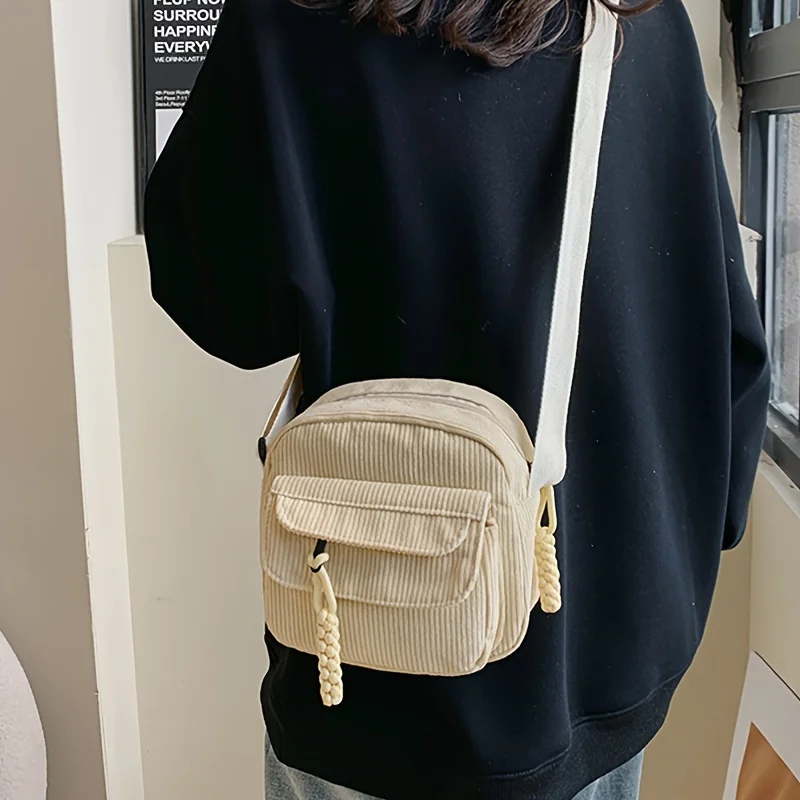Bolsa crossbody de veludo harajuku vintage, bolsa de ombro casual estilo japonês com fecho de zíper, bolsa chique para uso diário