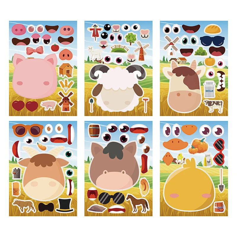 6 hojas/juego de pegatinas ensambladas de animales de granja para niños, pegatinas de expresión Facial de animales, juguetes creativos, regalo