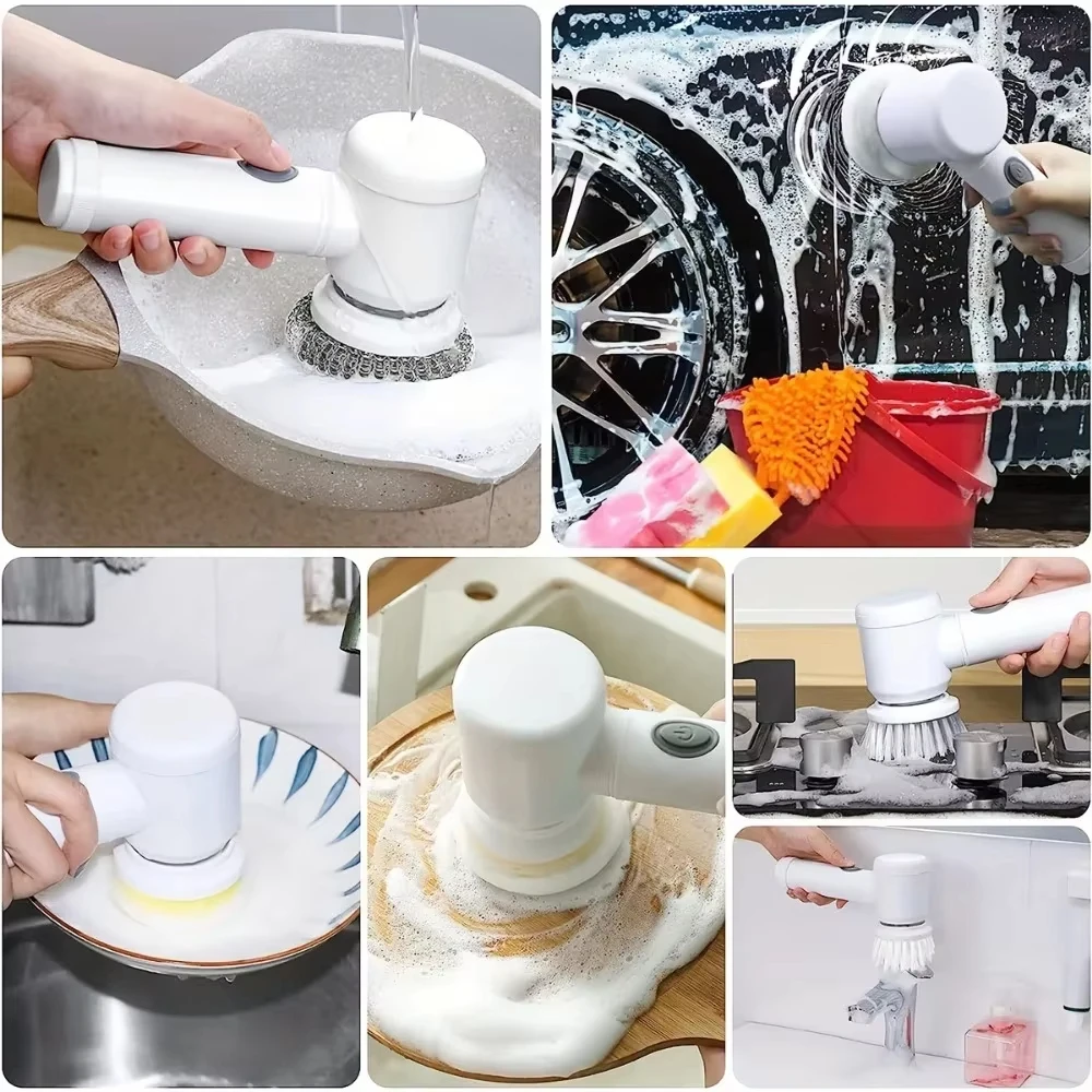 Purificador de rotação elétrico com escovas substituíveis, Escova de limpeza portátil, Chuveiro recarregável, 5 pcs