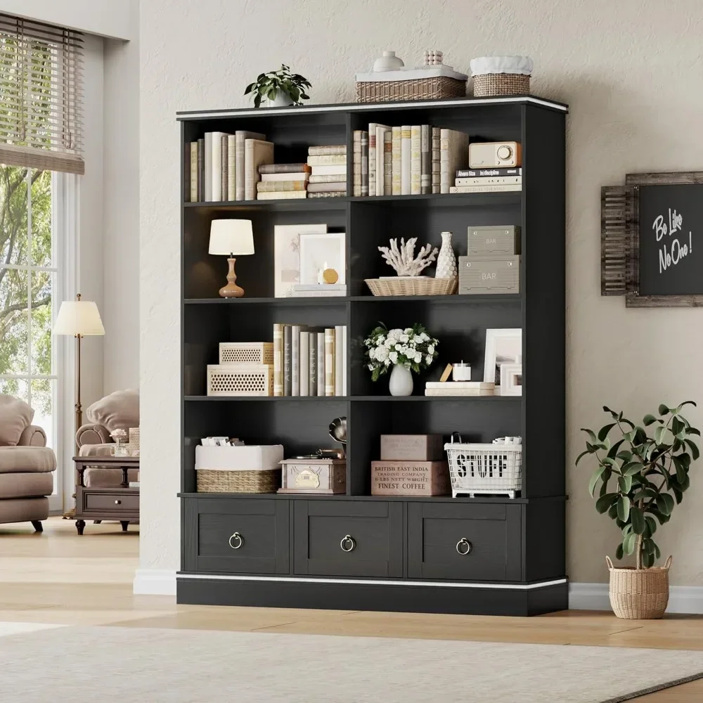 Farmhouse Bookshelf and Bookcase, 47" Wide Bookcase with Drawers, 5 Tier Book Shelves with Storage, Large Display Shelve