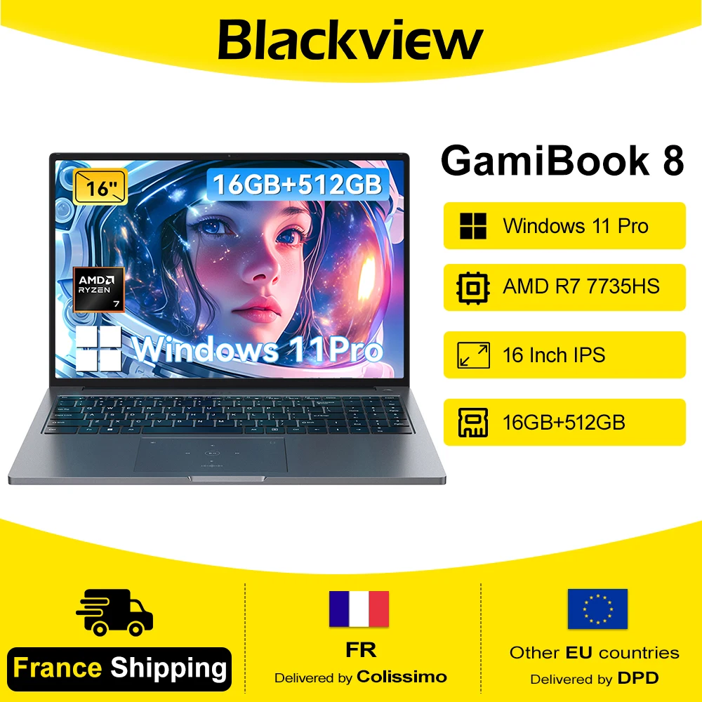 BLACKVIEW GamiBook 8 AMD R7 7735HS 16" 16GB DDR5 512GB SSD 5000MAH Laptop Windows 11 Pro 1920*1200 Verlicht Toetsenbord 120Hz