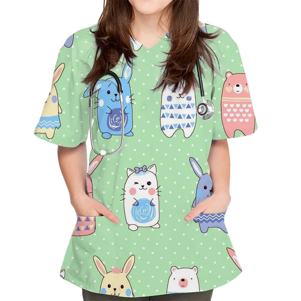 Uniforme médical de gIslande à col en V imprimé lapin mignon de dessin animé pour femmes, poche patchée, manches courtes, générateurs de soins infirmiers en Y