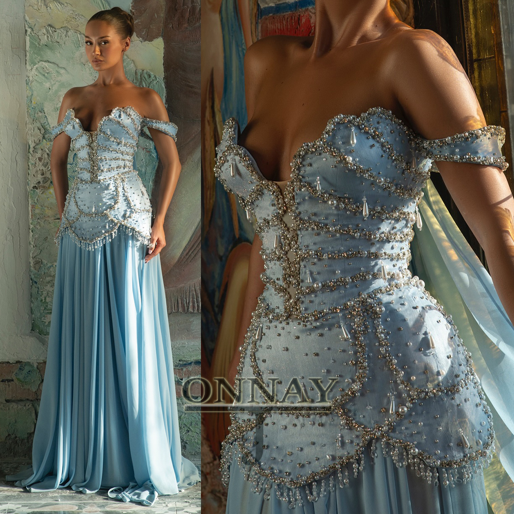 Maßgeschneiderte sexy blaue Perlen Abendkleider lang für Frauen Maxi Kristalle Dubai Saudi Vestidos De Fiesta maßgeschneidertes Galakleid Plus