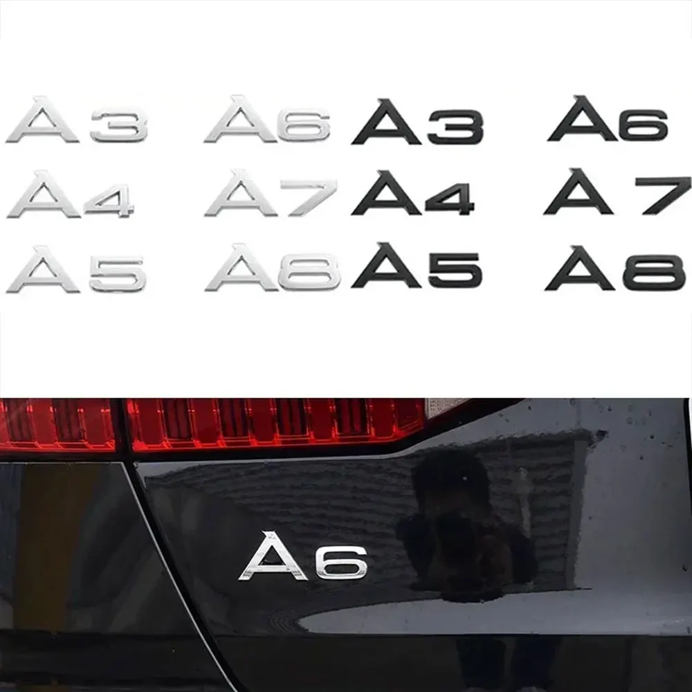 Emblema de números y letras para maletero de coche, ABS 3D, cromado, negro brillante, para A1, A3, A4, A5, A6, A7, A8, tapa de maletero de coche, placa con nombre, pegatina