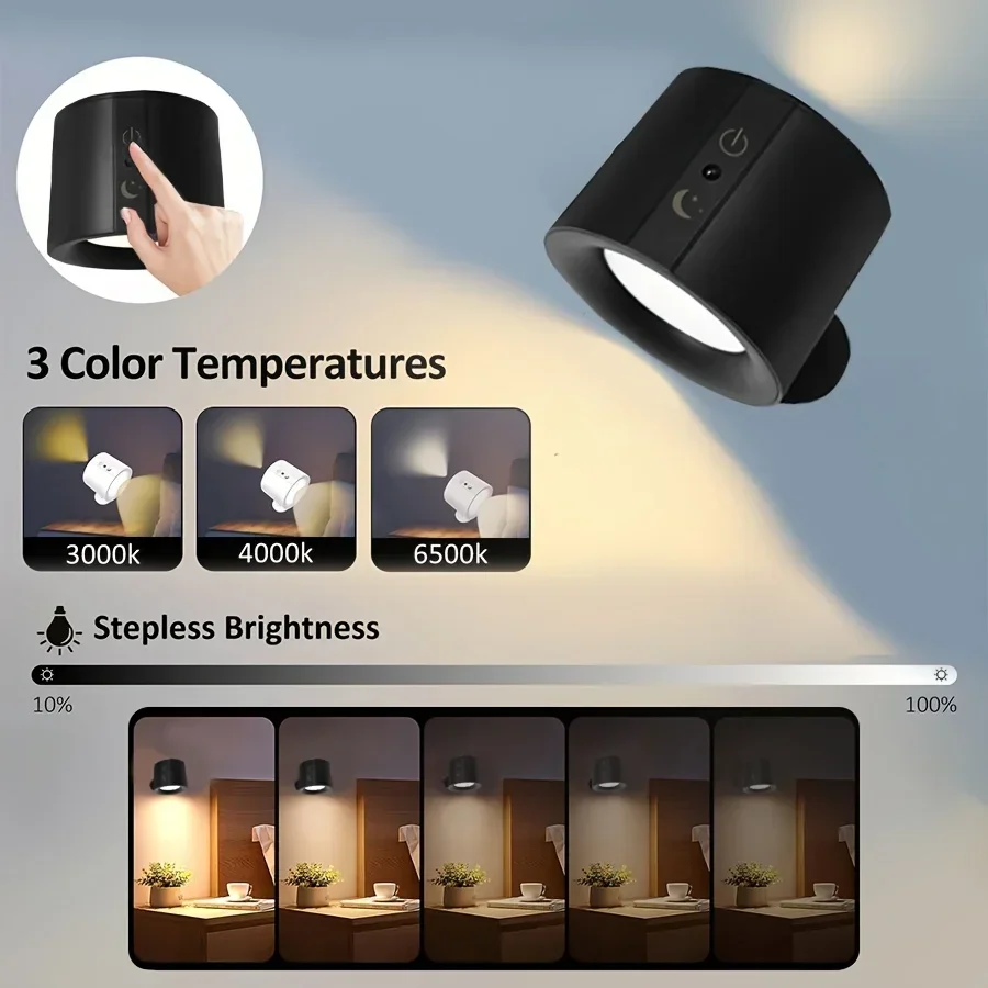 Lámpara de pared LED magnética de doble cabezal recargable 360 °   Foco de control remoto inalámbrico de rotación para decoración de dormitorio y sala de estar