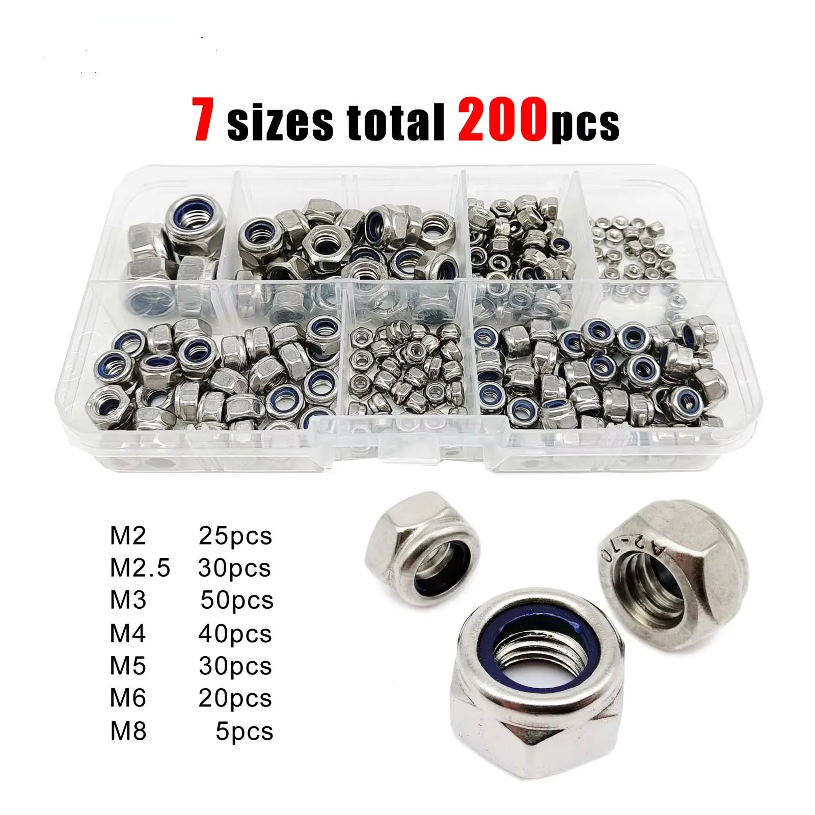 200 Uds DIN985 inserto hexagonal de nailon tuerca autoblocante Nylock juego surtido de tuercas M2 M2.5 M3 M4 M5 M6 M8 acero inoxidable