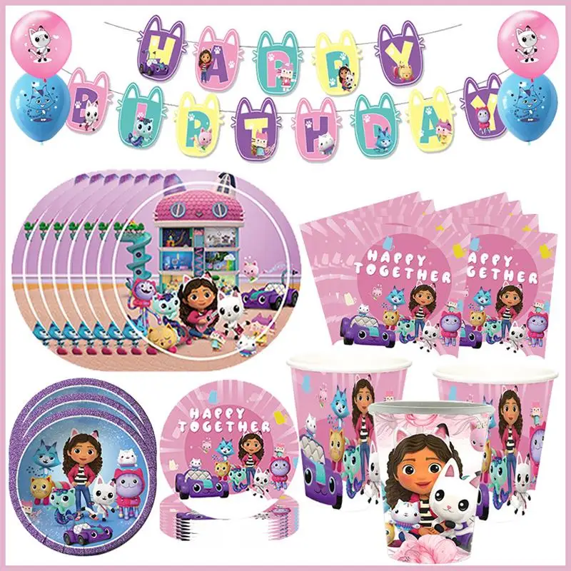 Kit de decoración de cumpleaños para casa de muñecas Gabby, mezcla de servilletas de cumpleaños, tazas, mantel, platos, suministros de globos de gato Gabby, recuerdo de fiesta