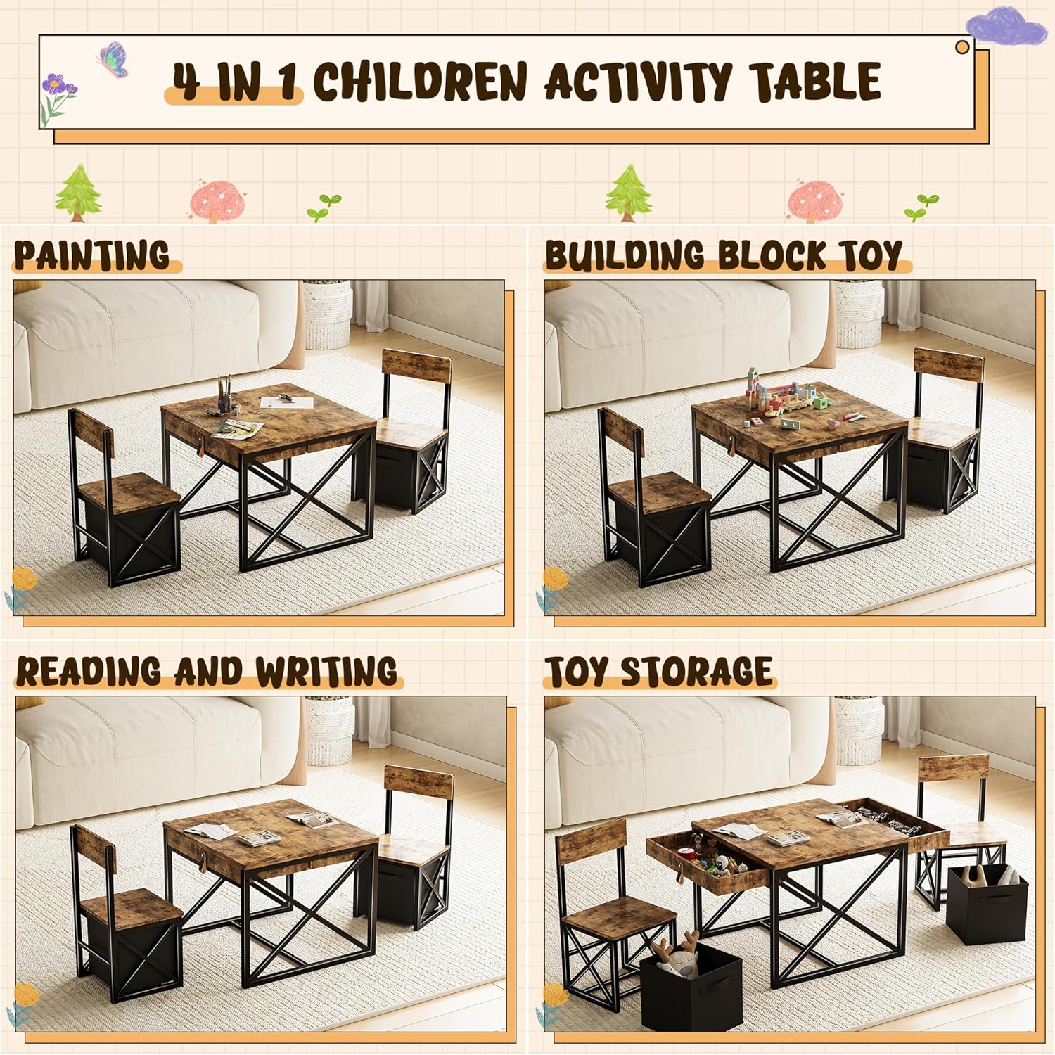 Kids Table and 2 Chairs Set, 4 in 1 Toddler Activity Table and Chairs Set with Storage, Children Desk and Chairs Set for Crafts