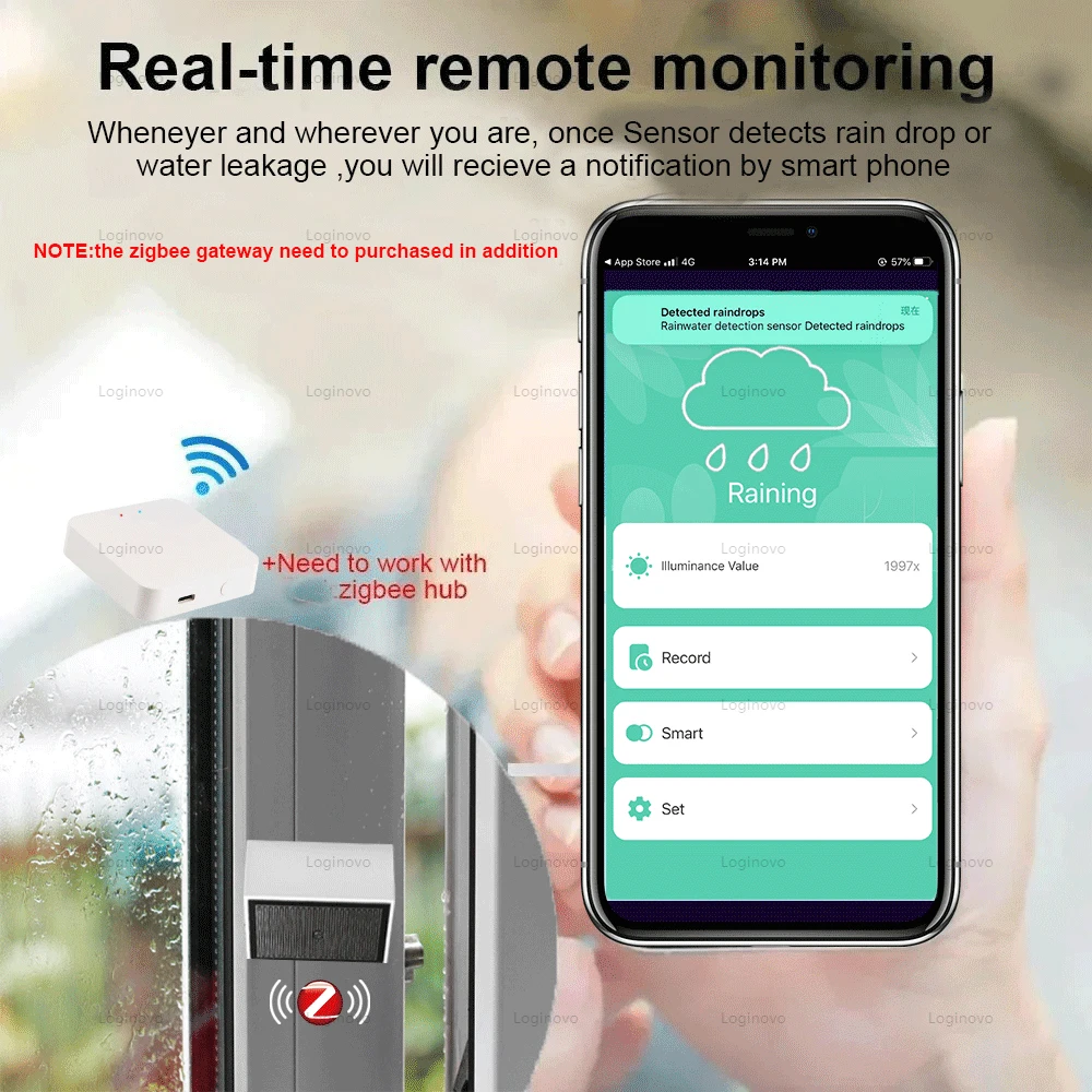 Sensor de chuva zigbee 2 em 1, detector de chuva com detecção de luz de brilho, monitor de aplicativo tuya smart life para casa inteligente automaton