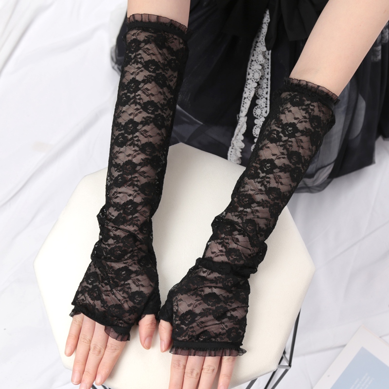 Leuke Meisjes Zomer Zonnebrandcrème Kant Arm Mouw Vrouwen Lange Mesh Garen Arm Cover Zon UV Bescherming Vingerloze Arm Manchetten Rijhandschoenen