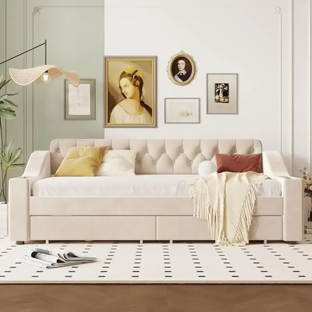 Twin Size Upholstered Daybed with USB Port Storage Drawers and Elegant Design