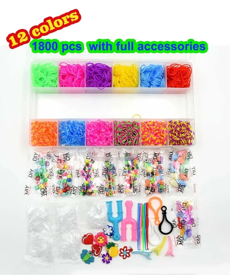 1800 Stuks Kleurrijke Rubberen Weefgetouwbanden Elastische Diy Set Box Meisjes Weaving Armband Gereedschapskit Kinderen Speelgoed Voor Kinderen 7 8 10 Jaar
