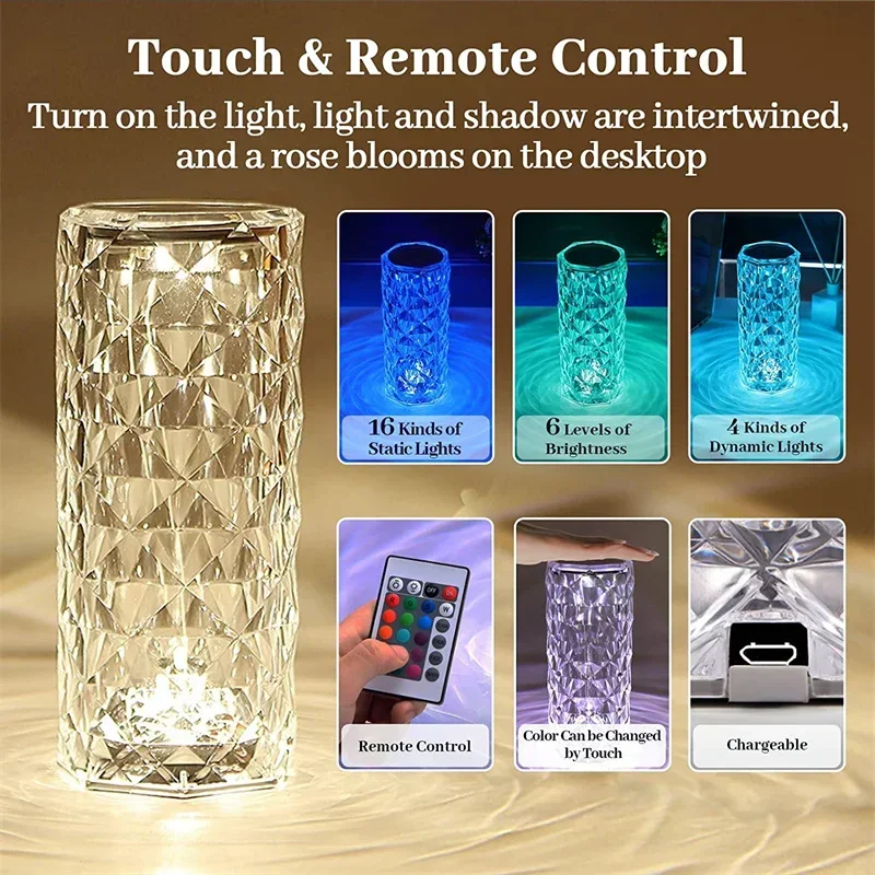 Lámpara de mesa de cristal LED de 3/16 colores, lámpara de noche romántica de rosa táctil recargable, lámpara de noche para dormitorio, decoración para sala de estar y Bar