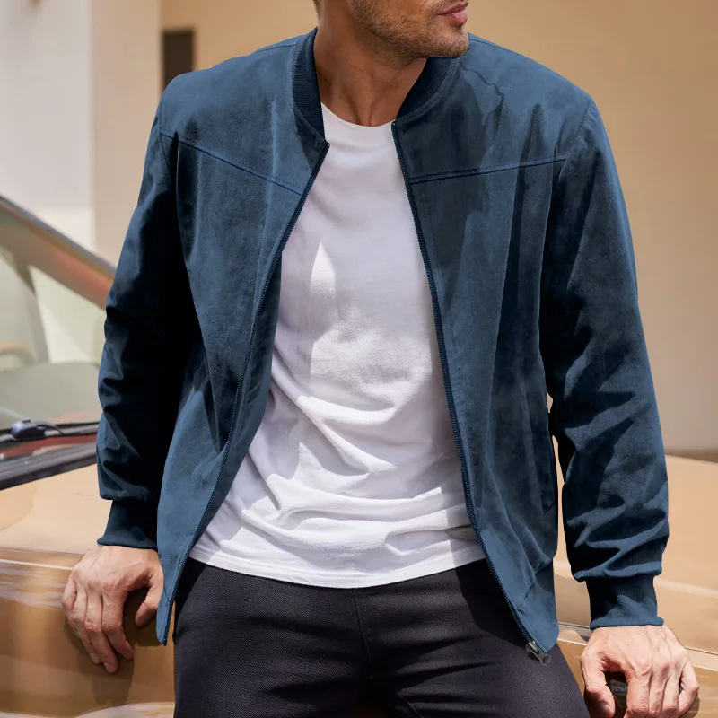 Amazon Suede Solid Color Zipper Jacket Casual Vintage Long Sleeve Cardigan Jacket Men