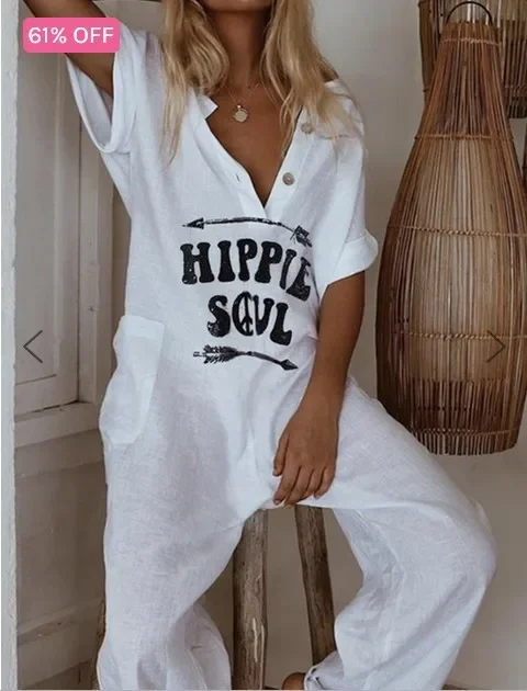 Herbst Strampler für Frauen Overall Druck Tasche Strampler V-ausschnitt Baumwolle Leinen Lose Breite Beine Casual Hosen Streetwear Frühling 2023
