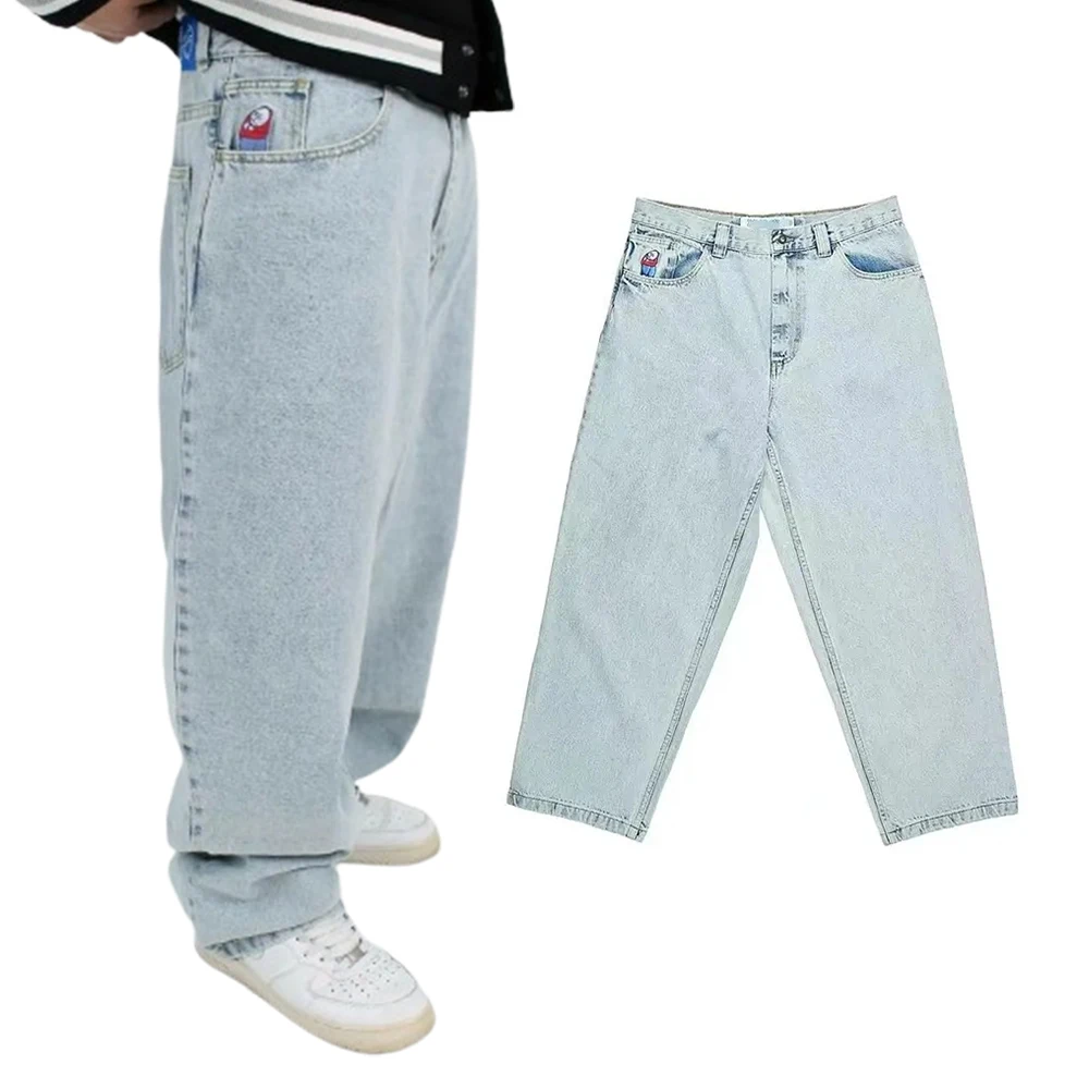 Jeans polar grande menino para homens e mulheres y2k hip hop dos desenhos animados bordado retro azul calças largas gótico cintura alta calças largas