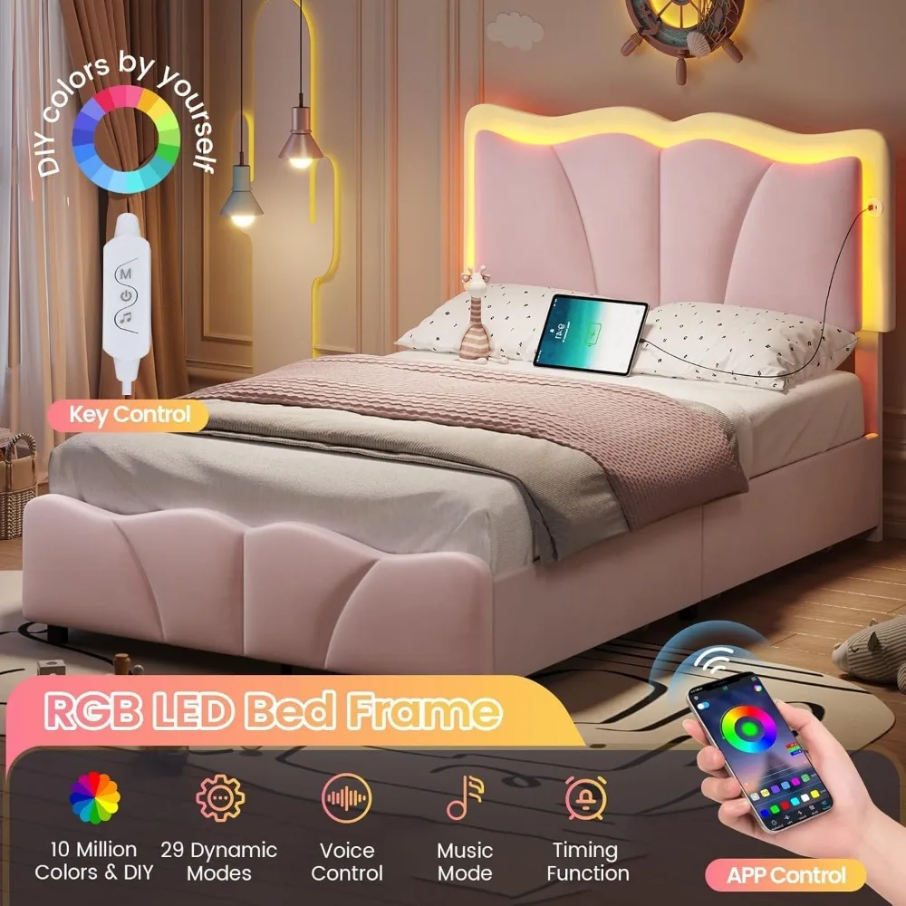 Twin Bed Frame with 4 Storage Drawers & Charging Station,Upholstered Led Flower Twin Bed with Adjustable Headboard , Pink