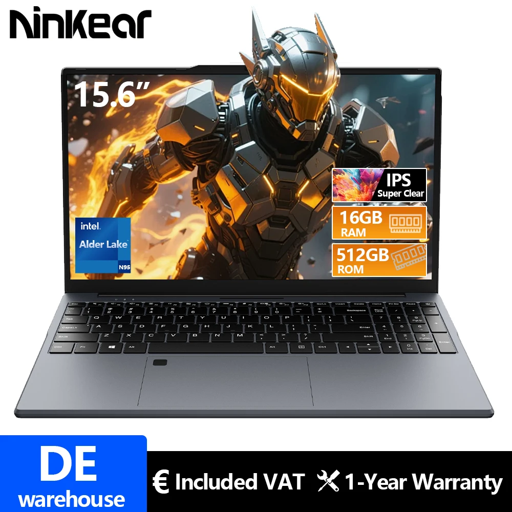 Laptop Ninkear N15 Air Intel N95 15,6 cala FHD IPS 16 GB DDR4 512 GB SSD Podświetlana klawiatura Rozblokowanie odciskiem palca Windows 11 Notebook