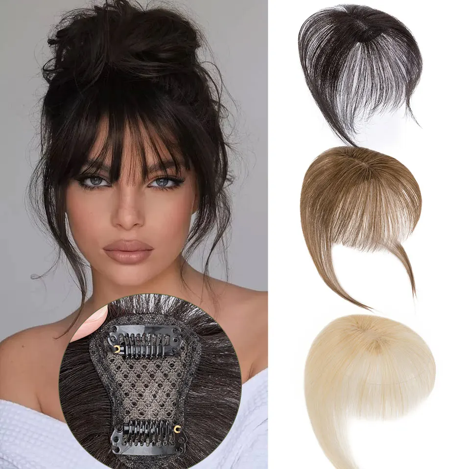 S-noilite 2.4 "x 3.15" franja ar bang 100% cabelo humano topper natural linha fina para mulheres clipe em postiços 10g franja clara 10"