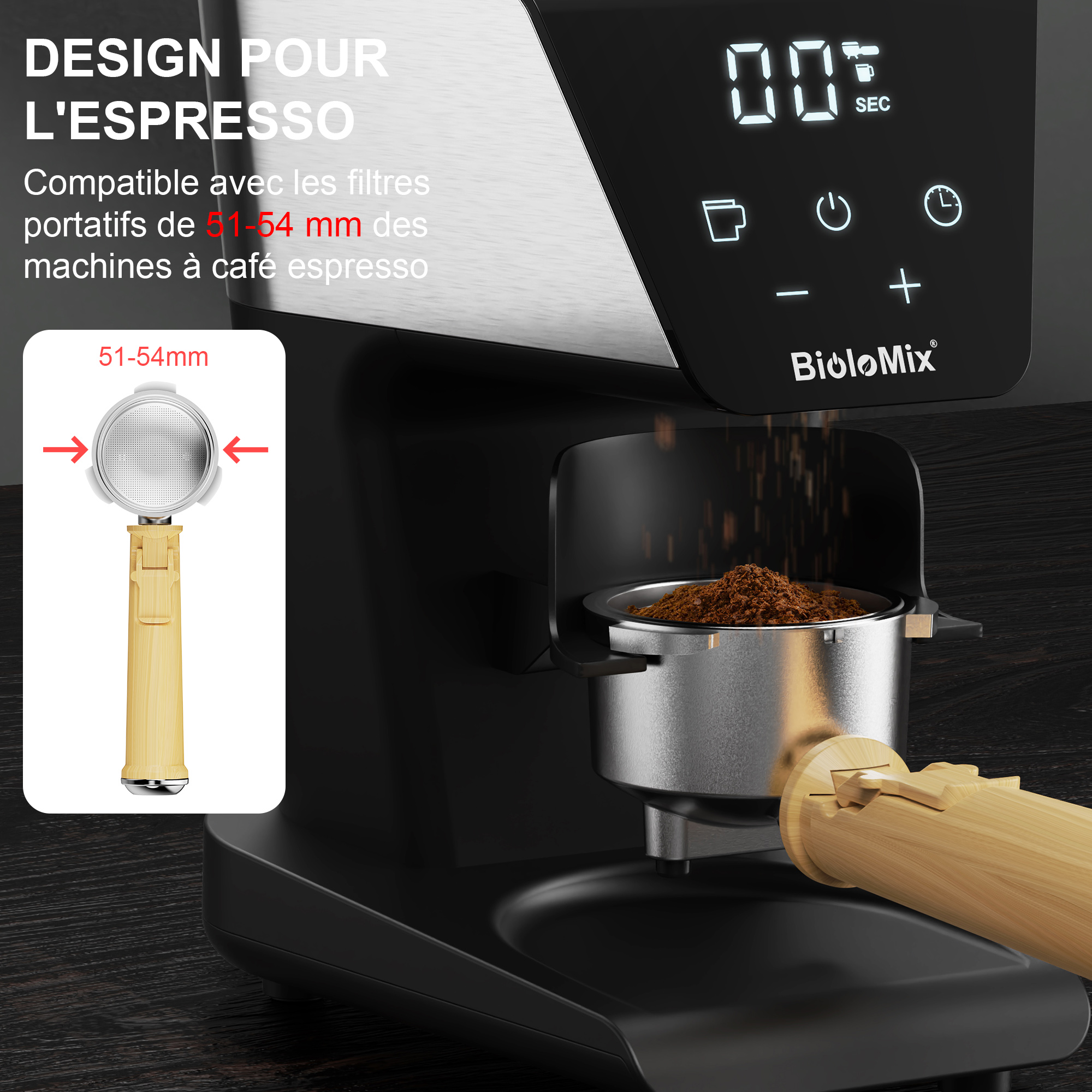 BioloMix-Moulin à café électrique automatique, broyeur à bavures, 30 vitesses pour expresso, café américain, verser sur le stockage visuel des haricots
