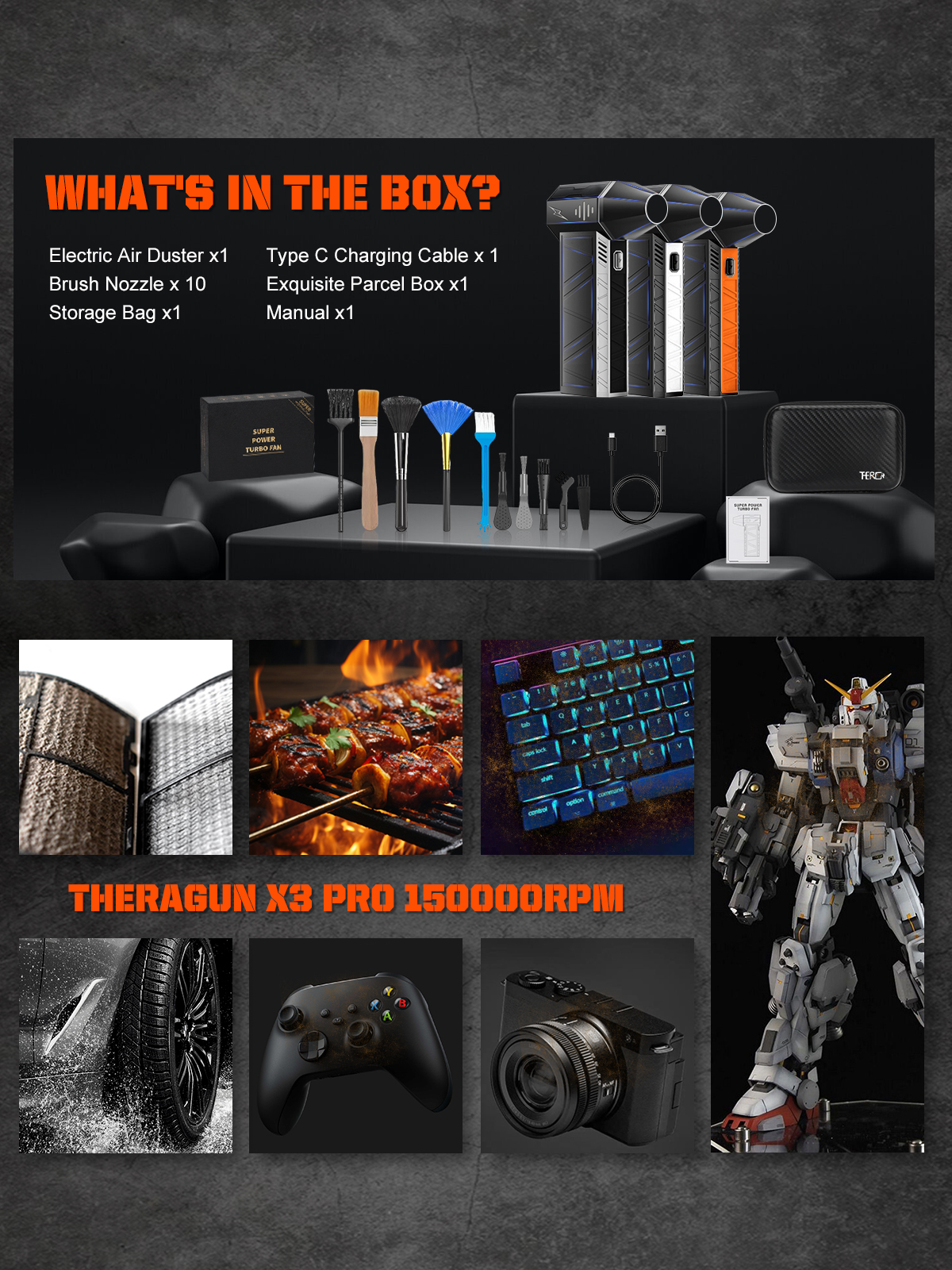 พัดลมเจ็ทเทอร์โบขนาดเล็กแบบมือถือ X3Pro เครื่องเป่าลมทรงพลัง150000รอบต่อนาทีเครื่องเป่าลมอัดอากาศแรงสำหรับเครื่องทำความร้อนในรถยนต์/พีซี/บ้าน -- theragun