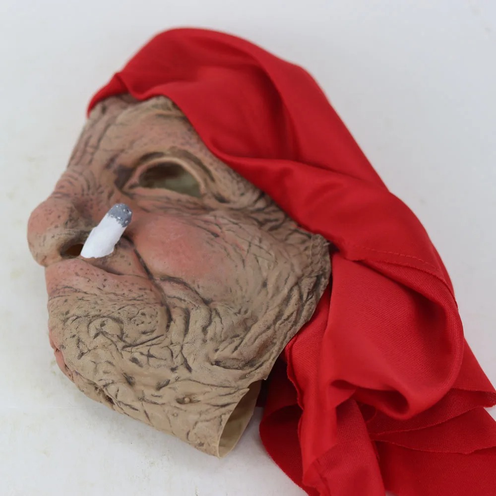 Divertente fumatori nonna vecchio Nana maschera in lattice signora nonna con viso rugoso e sciarpa rossa maschere puntelli per costumi da festa di Halloween