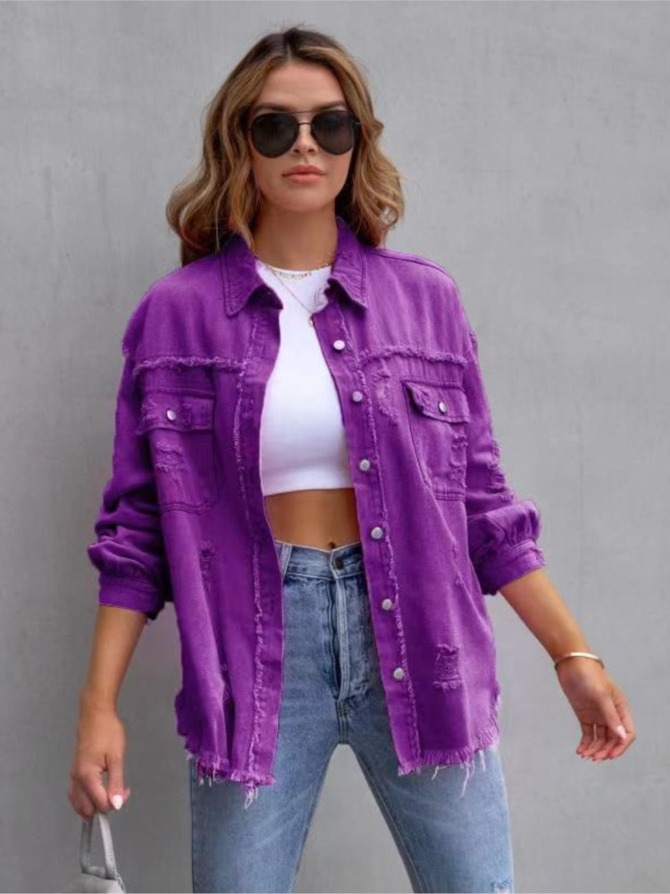 Otoño Invierno nueva chaqueta vaquera para mujer moda borde de molienda agujero roto hueco manga larga solo pecho Casual cuello Top
