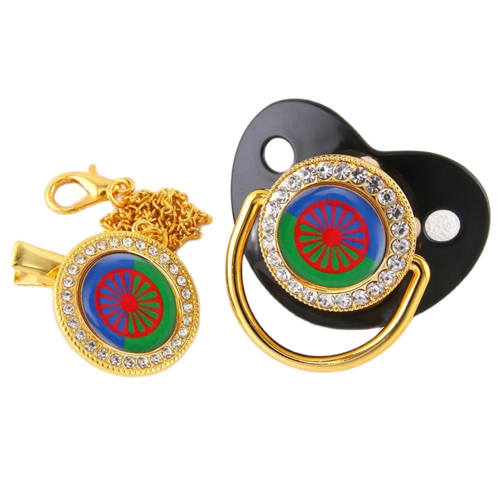 Sucette de luxe pour bébé, gitane, aroménien, Romany, avec Clip en chaîne, thème drapeau Romani Roma, nouveau-né, factice, tétine