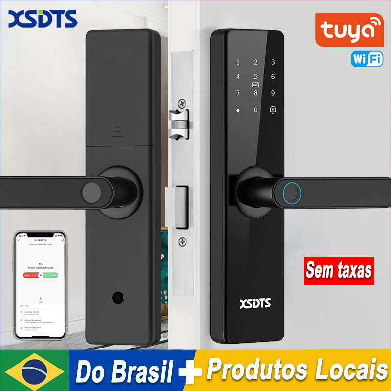 Fechadura inteligente eletrônica Tuya Wifi com impressão digital biométrica / cartão inteligente / senha / desbloqueio chave / carga de emergência USB