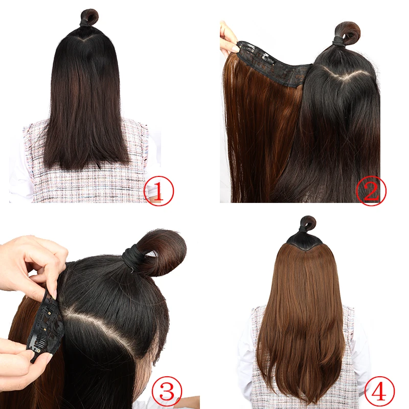 22 pulgadas sintético en forma de V en capas 4 Clips extensión de cabello largo y recto peluca Invisible de moda para mujeres