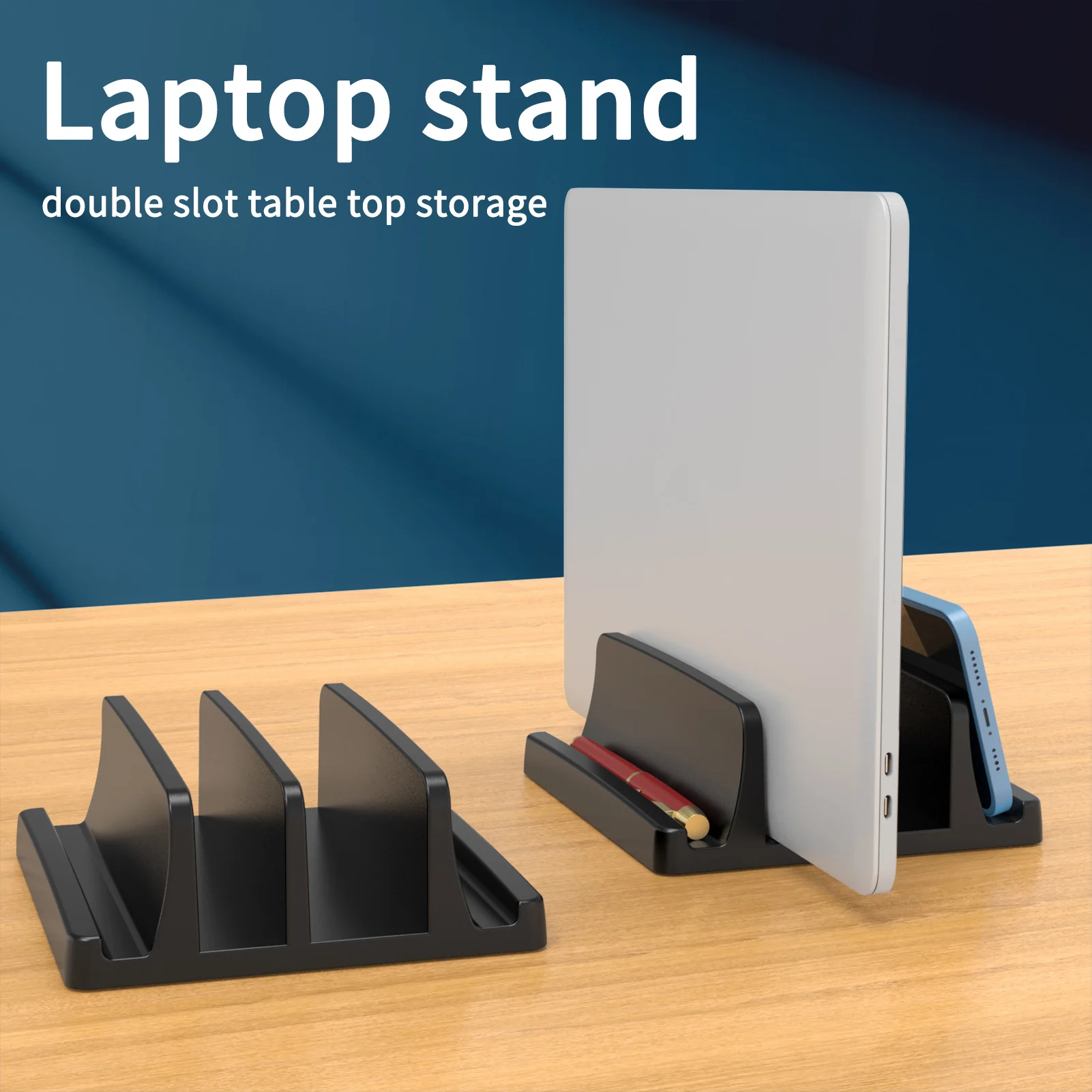 Soporte vertical para computadora portátil para escritorio, soporte de plástico para computadora portátil con ranuras duales con diseño que ahorra espacio, soporte para computadora portátil compatible con MacBook