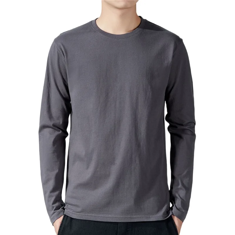 Camisetas masculinas de manga longa de algodão, roupas monocromáticas, comprimento total, primavera e outono
