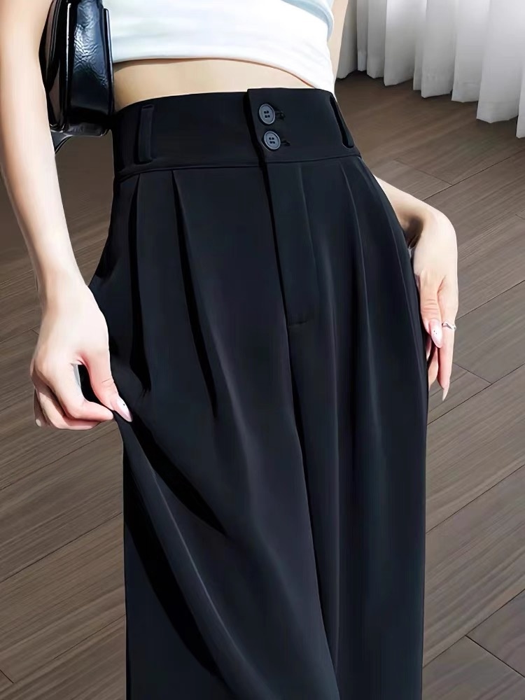Slim Wide Leg Pants Women's Summer Thin High Waist Profional Suit Pants Straight Casual Bla Floor-Length Pants