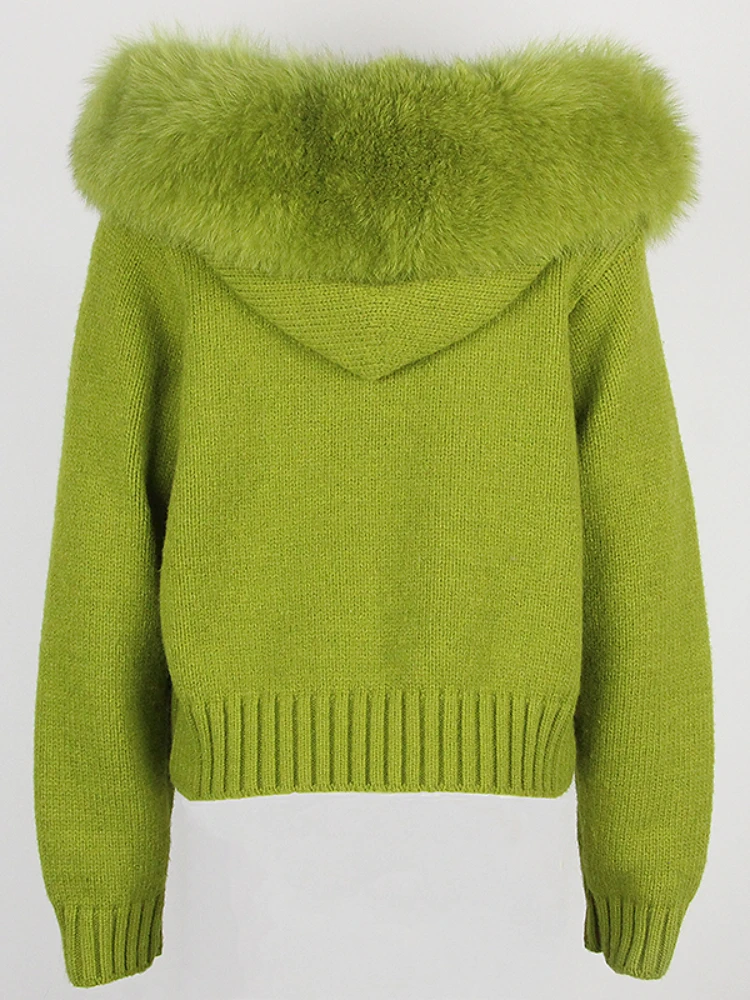 Oftbuy 2023 nova moda outono inverno casual com capuz gola de pele de raposa real jaqueta curta de malha com casaco quente natural para mulher