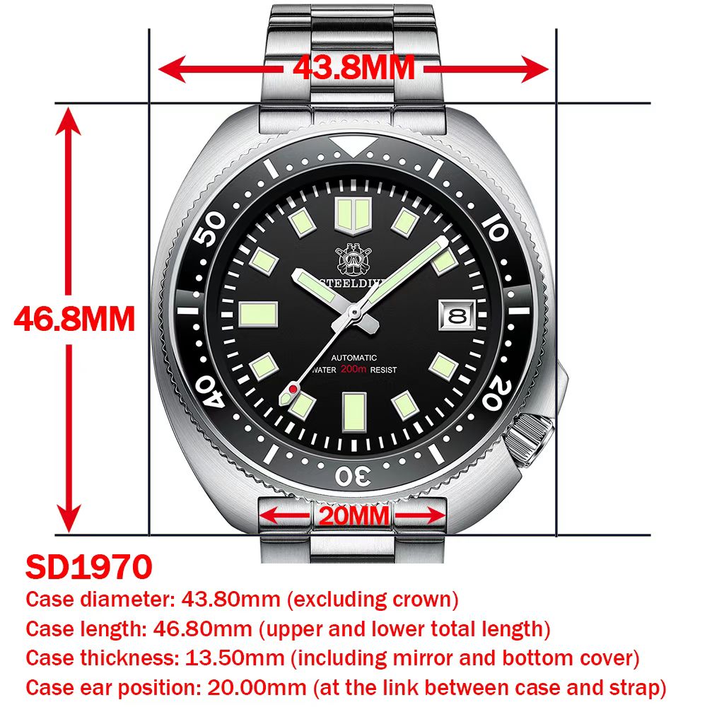 Steeldive SD1970 Fundo de data branca 200M à prova d'água NH35 6105 Turtle Relógio mergulhador automático