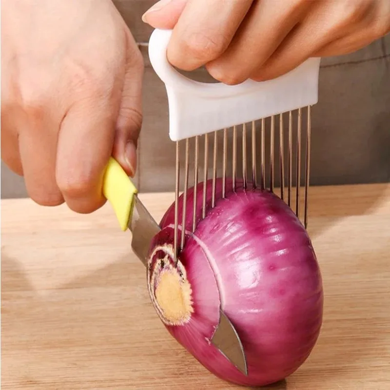 Soporte cortador de cebolla de acero inoxidable, rebanadores de alimentos, asistente, rebanador de cebolla y tomate, tenedor de corte de verduras, utensilios de cocina