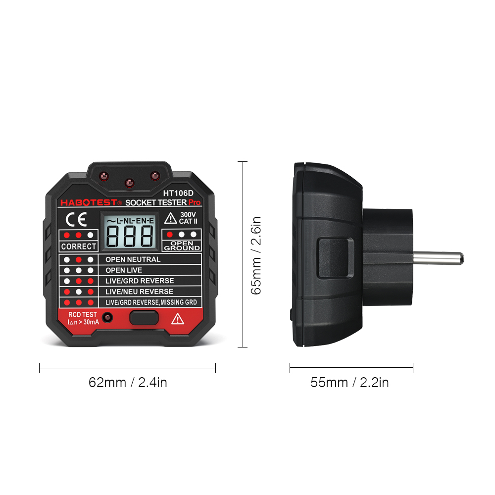 Probador de enchufe Digital HT107, voltaje profesional, prueba RCD de 30mA y 5mA, Detector inteligente, enchufe UE, EE. UU., Reino Unido, línea cero de tierra, verificación de fase de polaridad