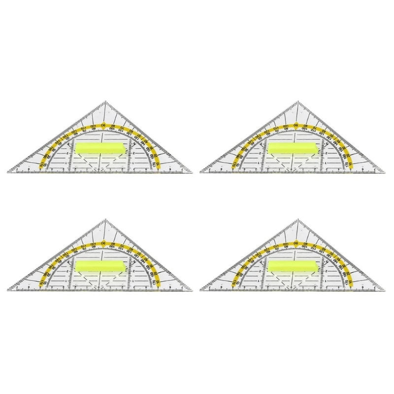 4pcs Versatile Measuring Triangle  Ruler Plastic Transparent Rrotractor Shatterproof Office Maths School Set Protractor Ruler