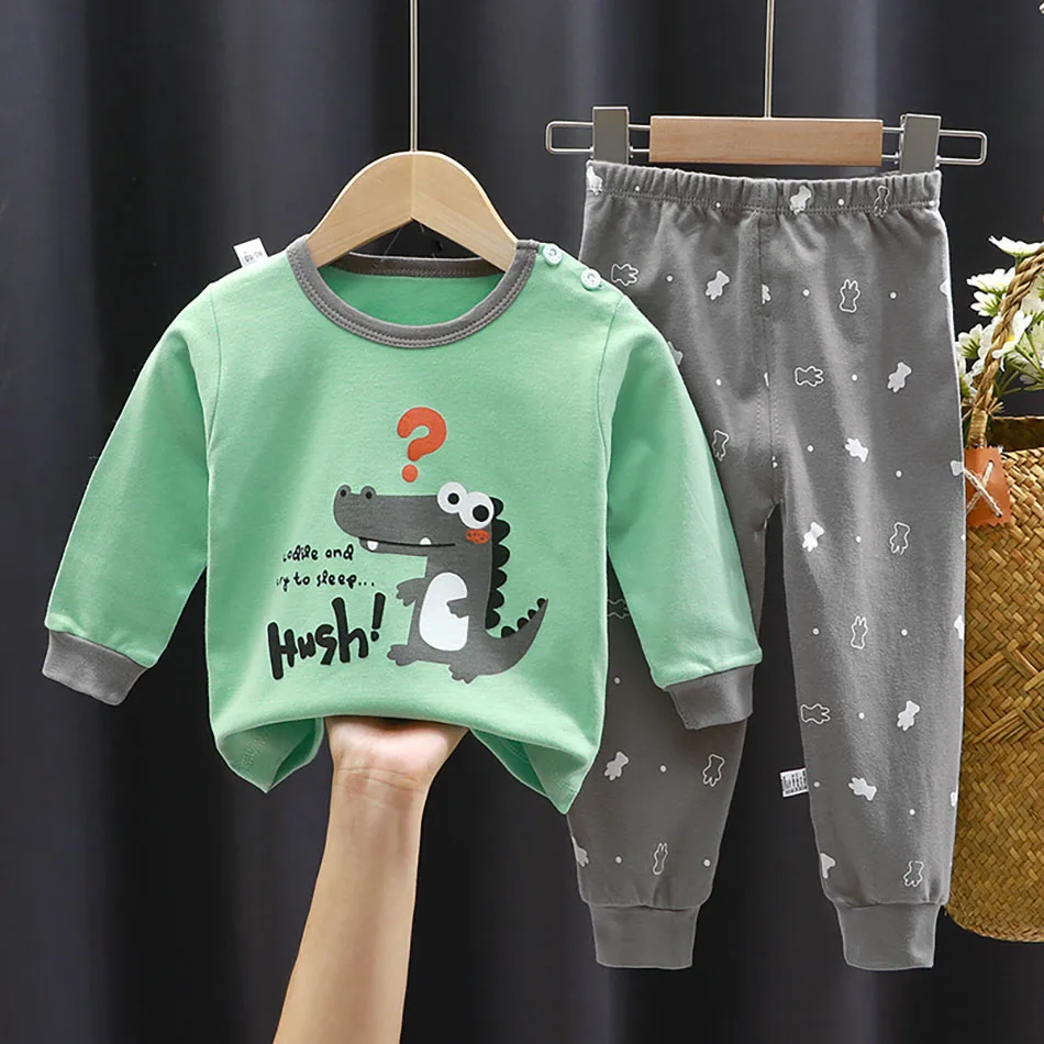 Cotton Kids Clothing Set Children Soft Autumn Long Sleeve Tops and Pants Outfit Pajamas Boy Girl Cartoon Dino Sleepwear Homewear