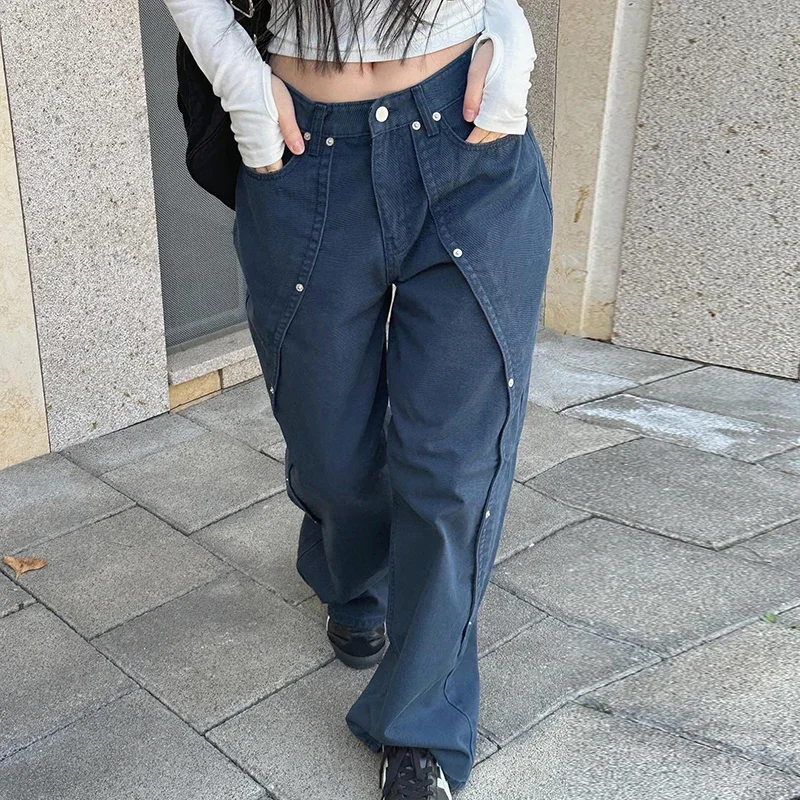 ผู้หญิงเกาหลี Patchwork Baggy กางเกงยีนส์ High Street Y2K Casual Grunge Cargo กางเกงแฟชั่น Chic Rivet รายละเอียด Sweatpants 90s