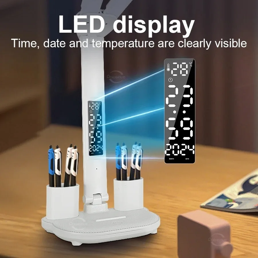 Zegar LED Lampa stołowa USB Ładowalne dotykowe lampki na biurko 2 głowice 180 Obrót Składana ochrona oczu Lampki nocne do czytania na biurku
