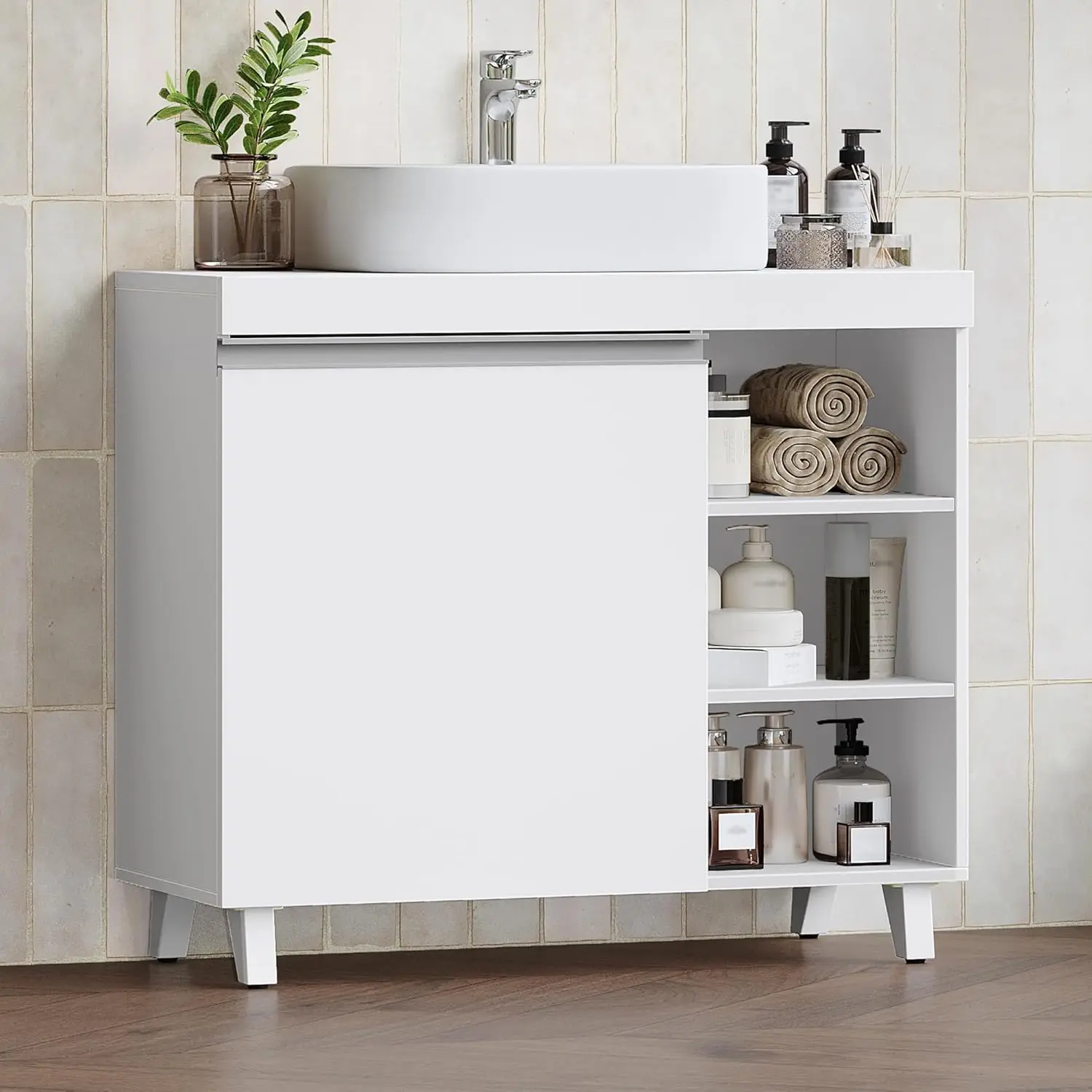 mmerschrank mit 1 Türen und 3 offenen Fächern, Unterschrank mit verstellbarem Ablagen, freistehender Waschtischunterschrank, 30 x 70