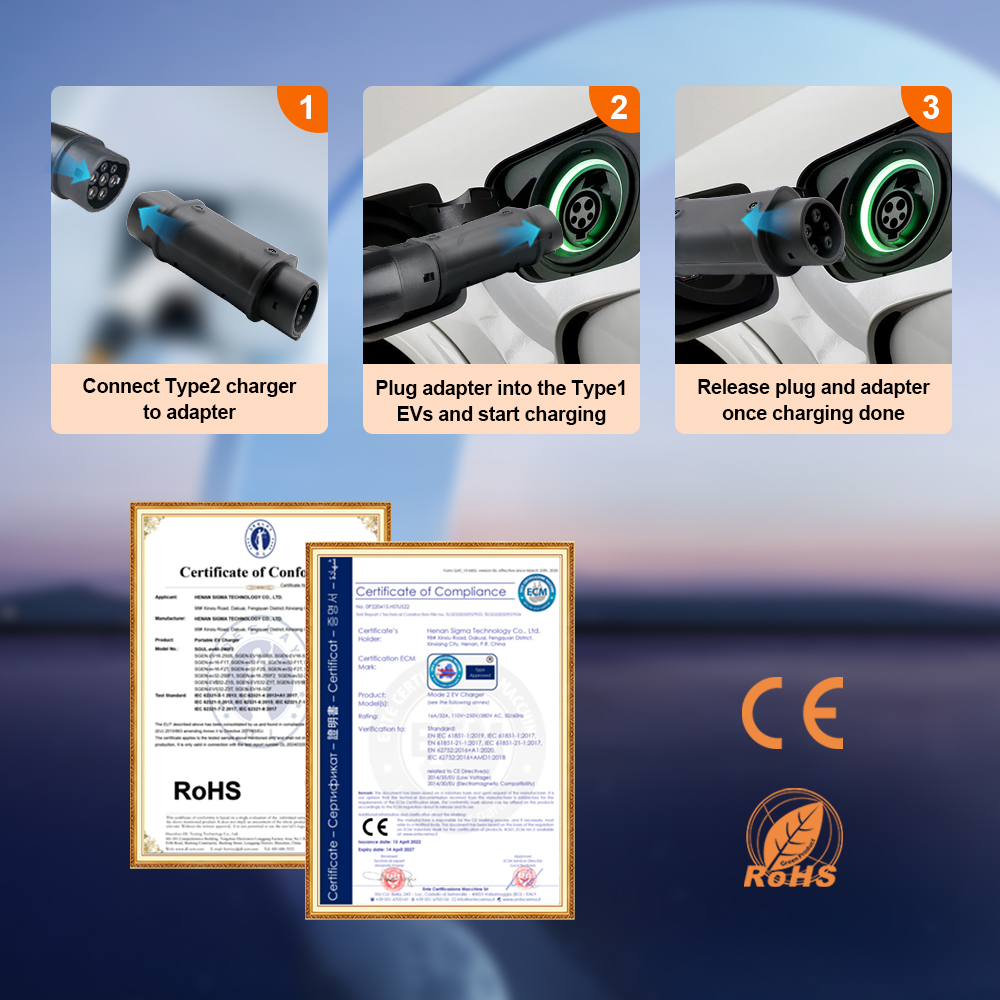 Adaptador ERDAN EV IEC 62196 tipo 2 a tipo 1 J1772 32A EVSE conector de cargador convertidores de carga de vehículos eléctricos