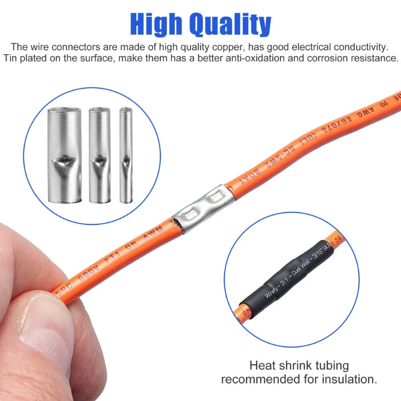 200 Stück nicht isolierte Stoßdraht-Stecker-Aderendhülsen, elektrische Kabelklemme, verzinnte Crimp-Klemme, 0,5–6 mm2, 22–10 AWG
