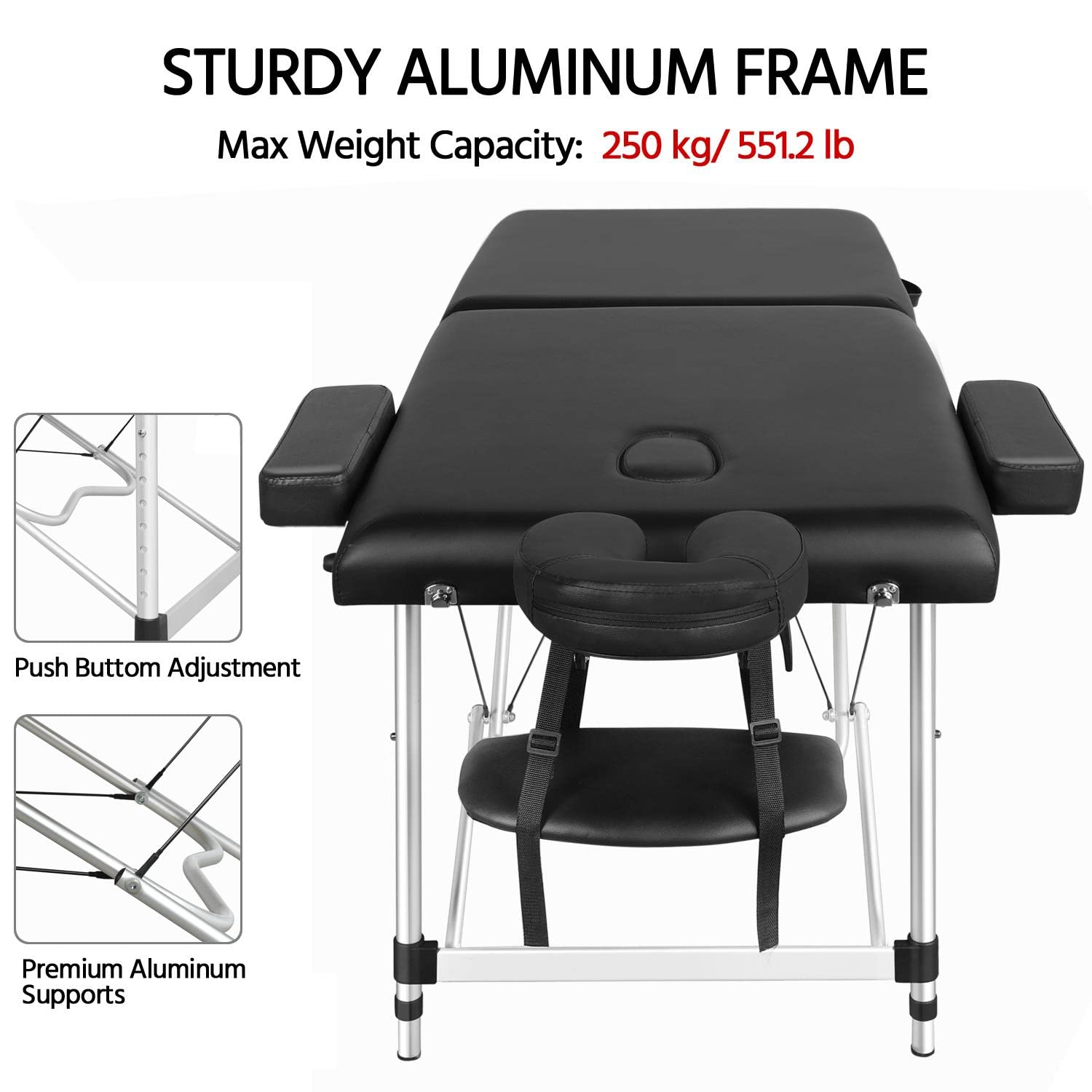 Massage Tables Portable Massage Bed Aluminium Height Adjustable Facial Salon Tattoo Bed with Non-Woven Bag, 28 inch Width Black