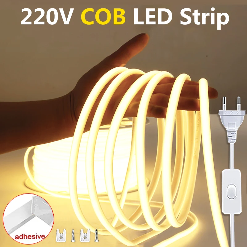 Tira de luces LED de 220v con interruptor de encendido y apagado, tira de luces Led COB impermeable para exteriores, cinta Flexible para habitación, cocina, iluminación de jardín